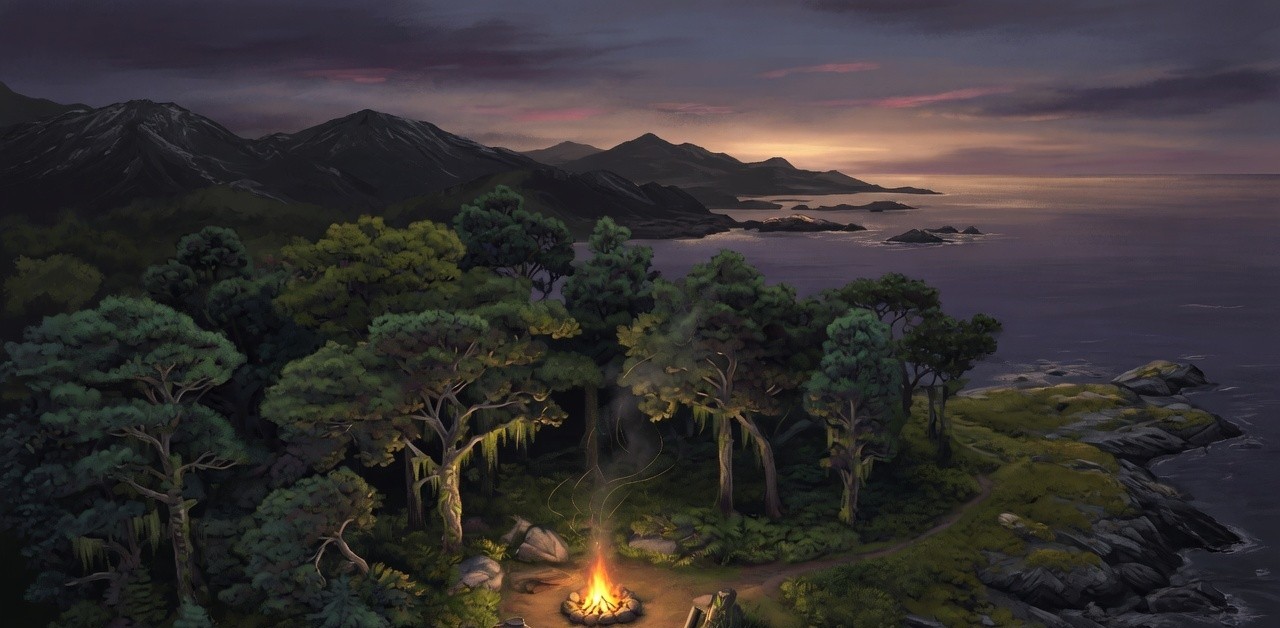 A dusk forest island with a campfire glowing in a coastal clearing.