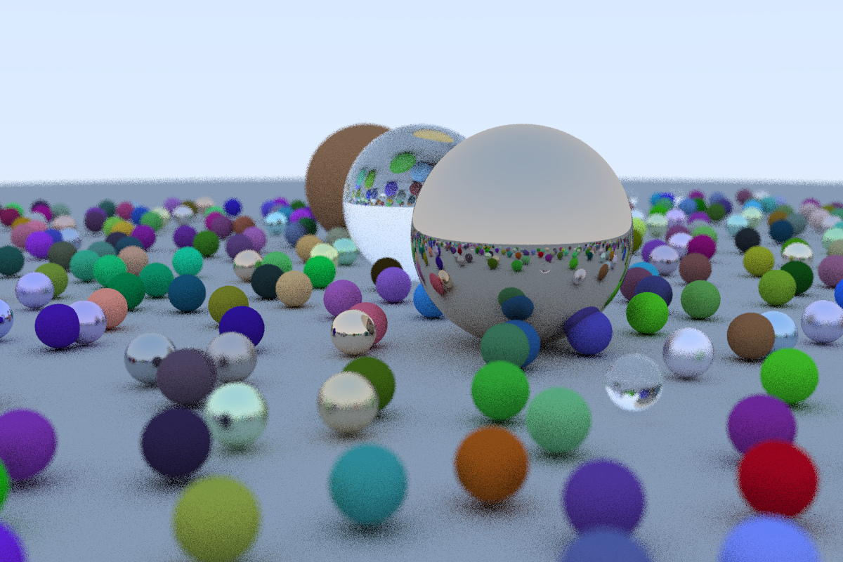 Actual GPU path trace of glass, metal and diffuse spheres